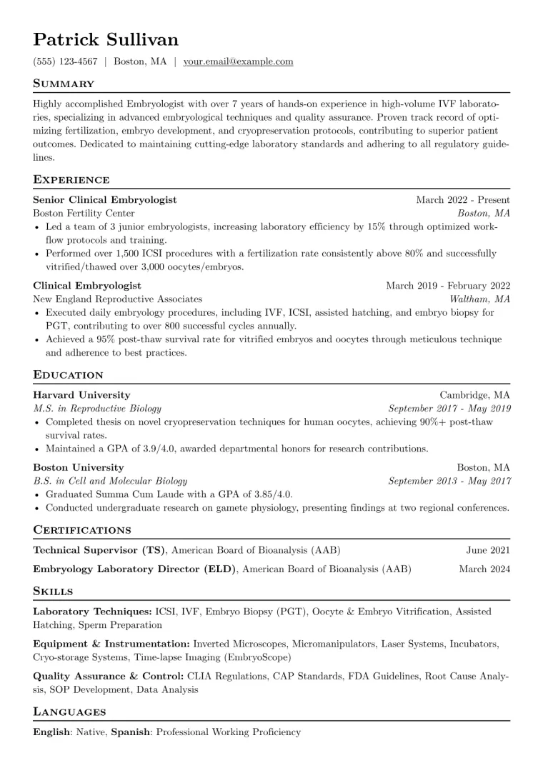 Embryologist Resume Example CV template preview