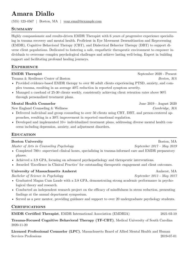 EMDR Therapist Resume Example CV template preview