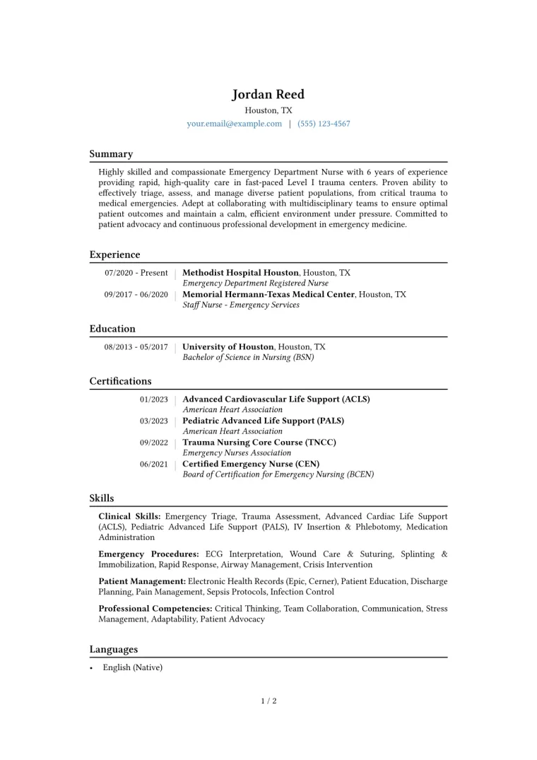 Emergency Department Nurse Resume Example CV template preview
