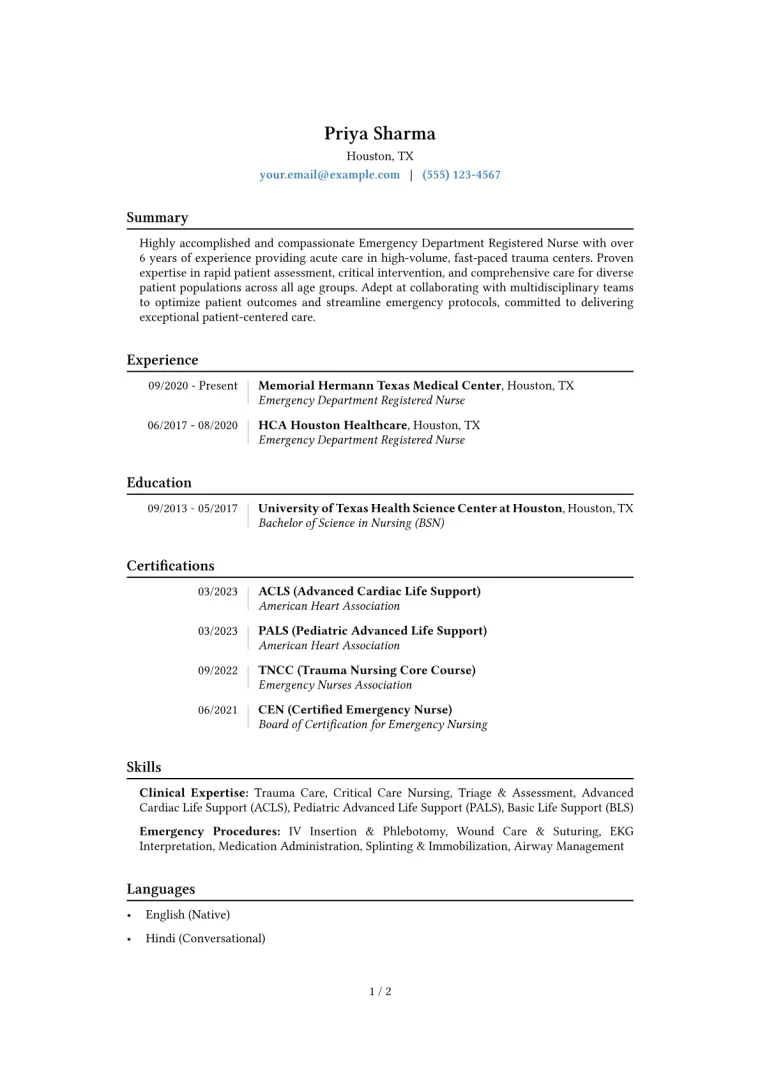 Emergency Department Registered Nurse Resume Example CV template preview