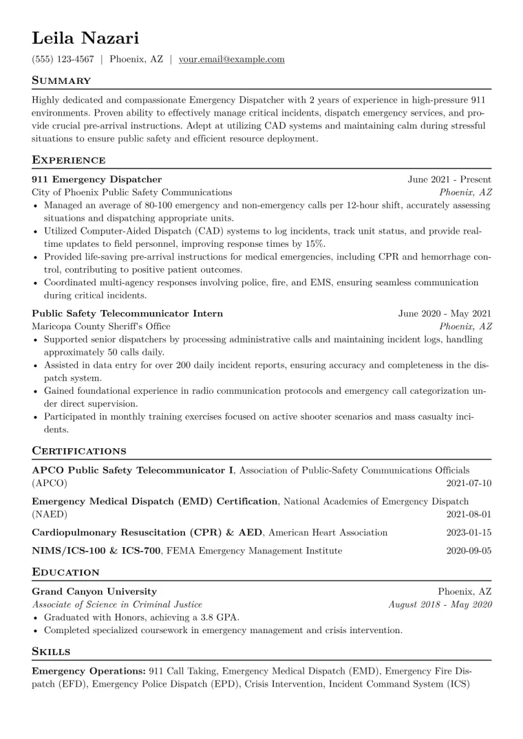 Emergency Dispatcher Resume Example CV template preview