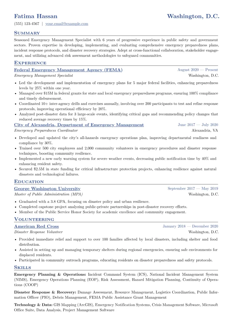 Emergency Management Specialist Resume Example CV template preview