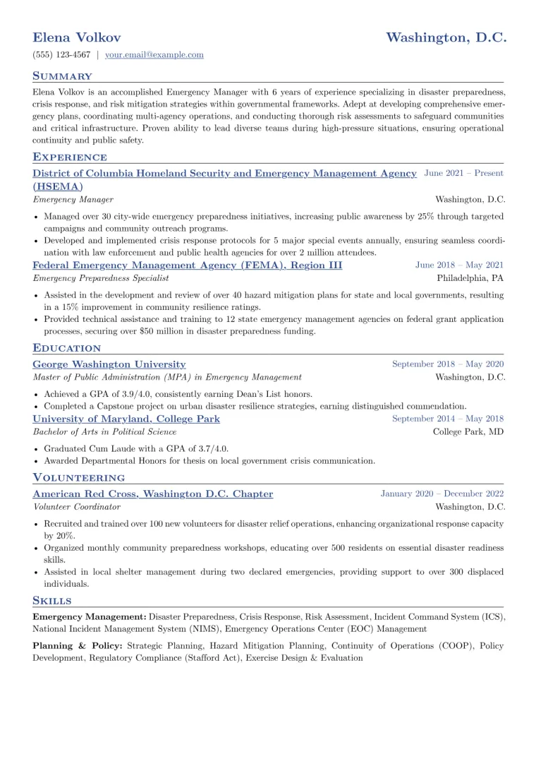 Emergency Manager Resume Example CV template preview
