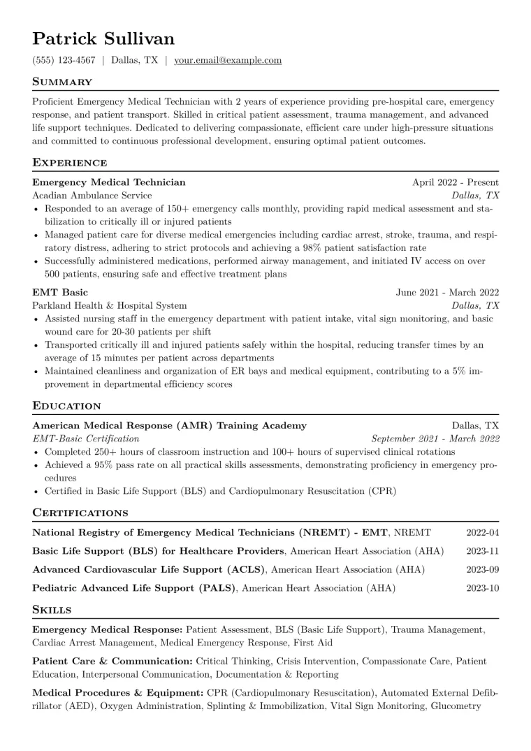 Emergency Medical Technician Resume Example CV template preview
