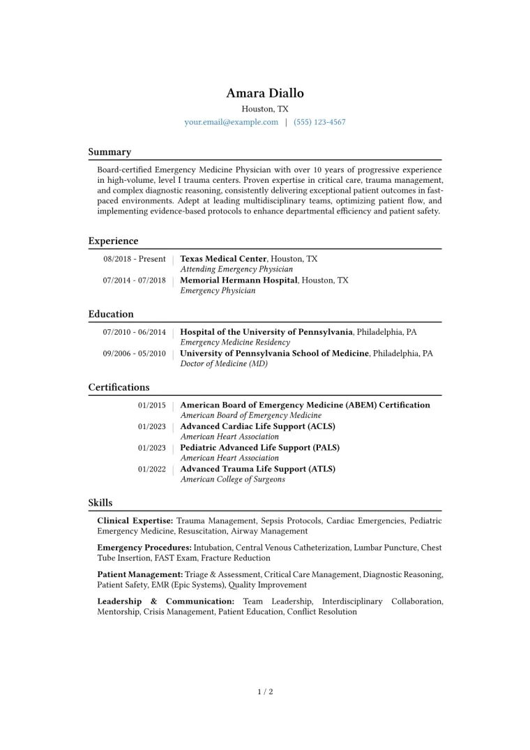Emergency Medicine Physician Resume Example CV template preview