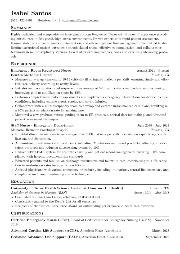 Emergency Room Registered Nurse Resume Example CV template preview