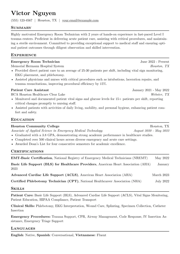 Emergency Room Technician Resume Example CV template preview