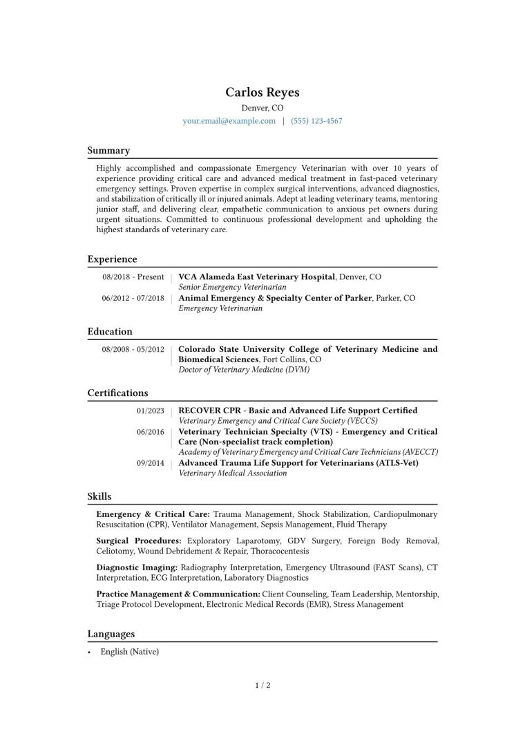 Emergency Veterinarian Resume Example CV template preview