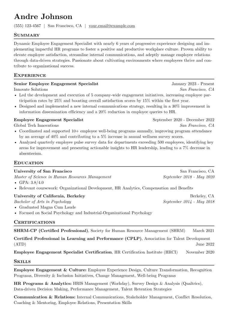 Employee Engagement Specialist Resume Example CV template preview