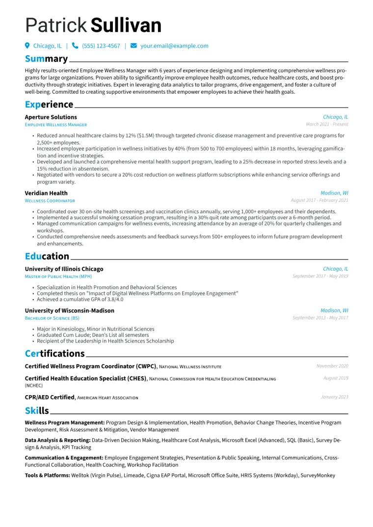 Employee Wellness Manager Resume Example CV template preview
