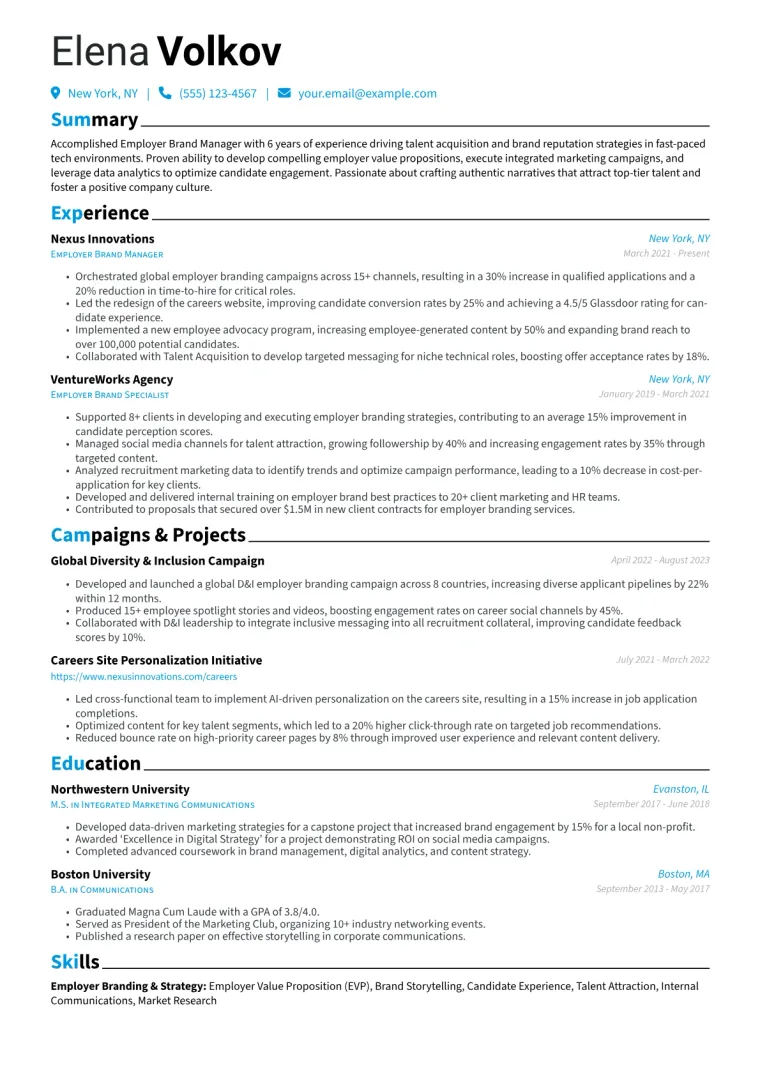 Employer Brand Manager Resume Example CV template preview