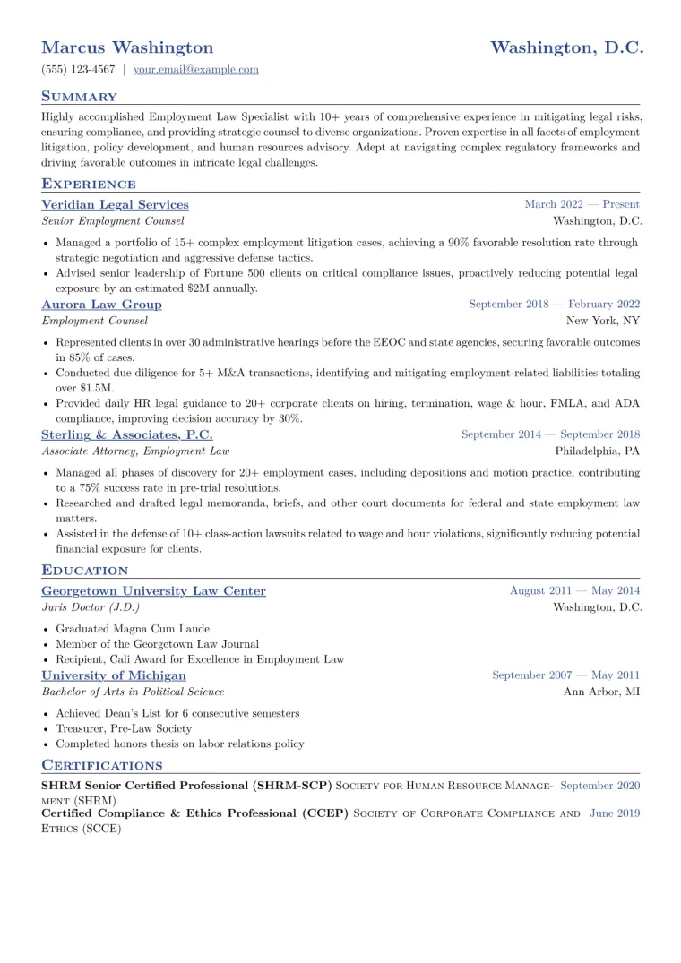Employment Law Specialist Resume Example CV template preview