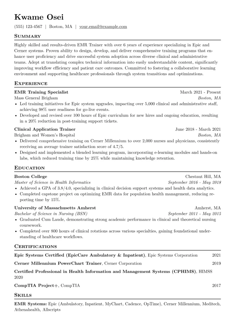 EMR Trainer Resume Example CV template preview