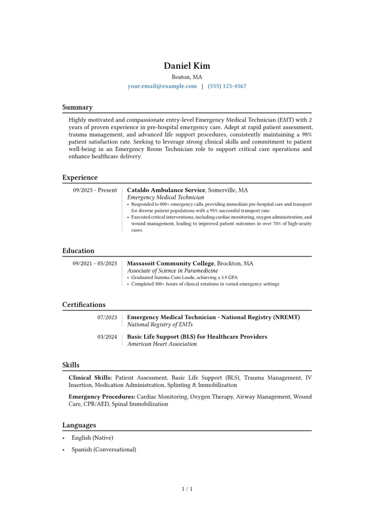 EMT or ER Tech Resume Example preview