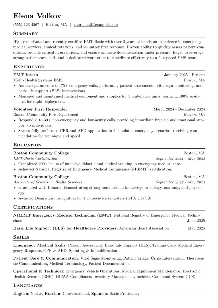 EMT No Experience Resume Example preview