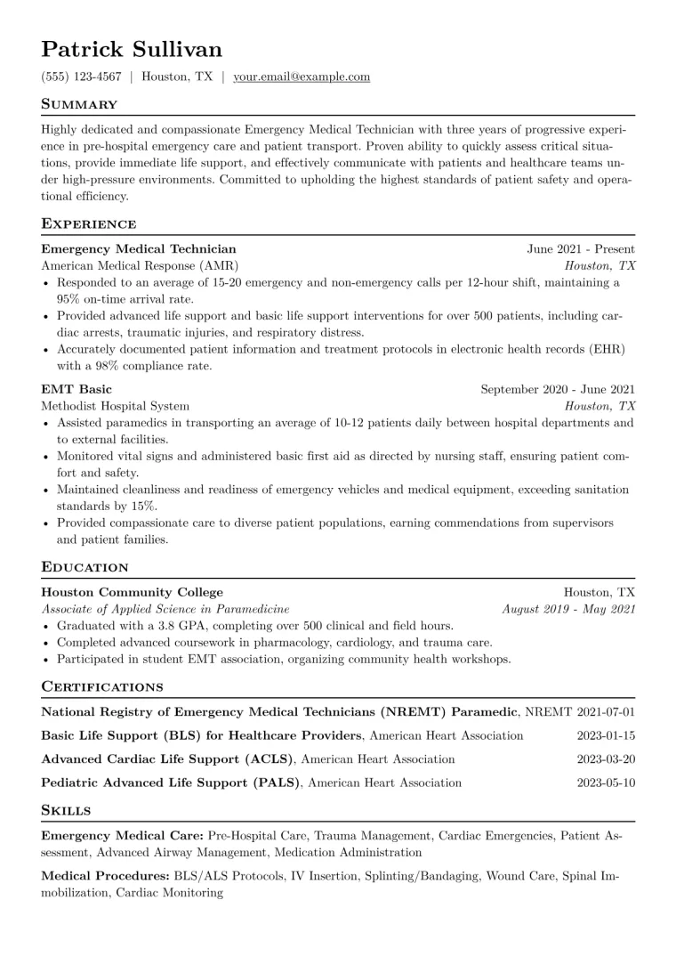 EMT Resume Example CV template preview