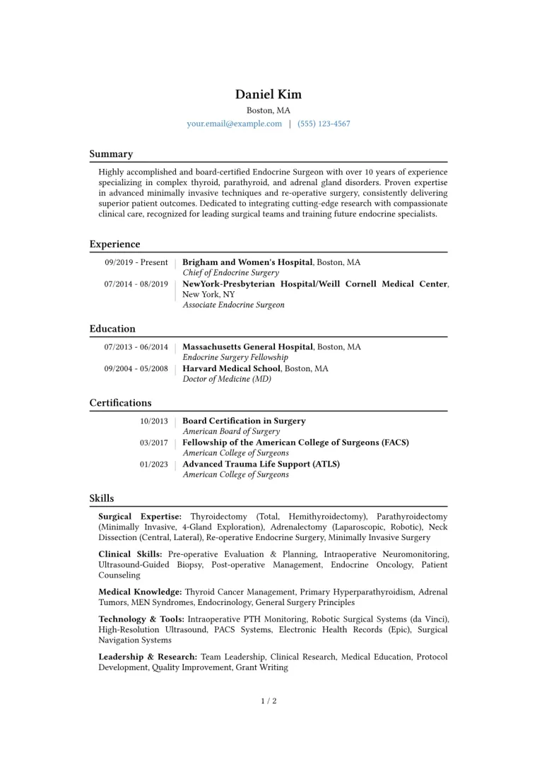 Endocrine Surgeon Resume Example CV template preview