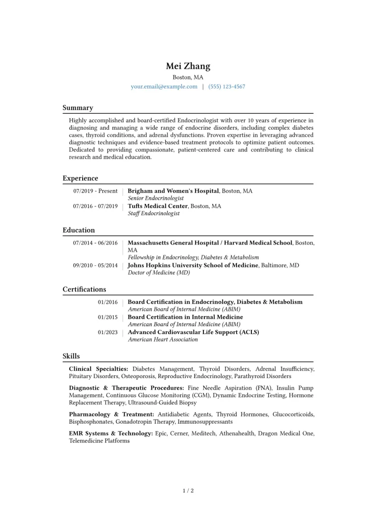Endocrinologist Resume Example CV template preview