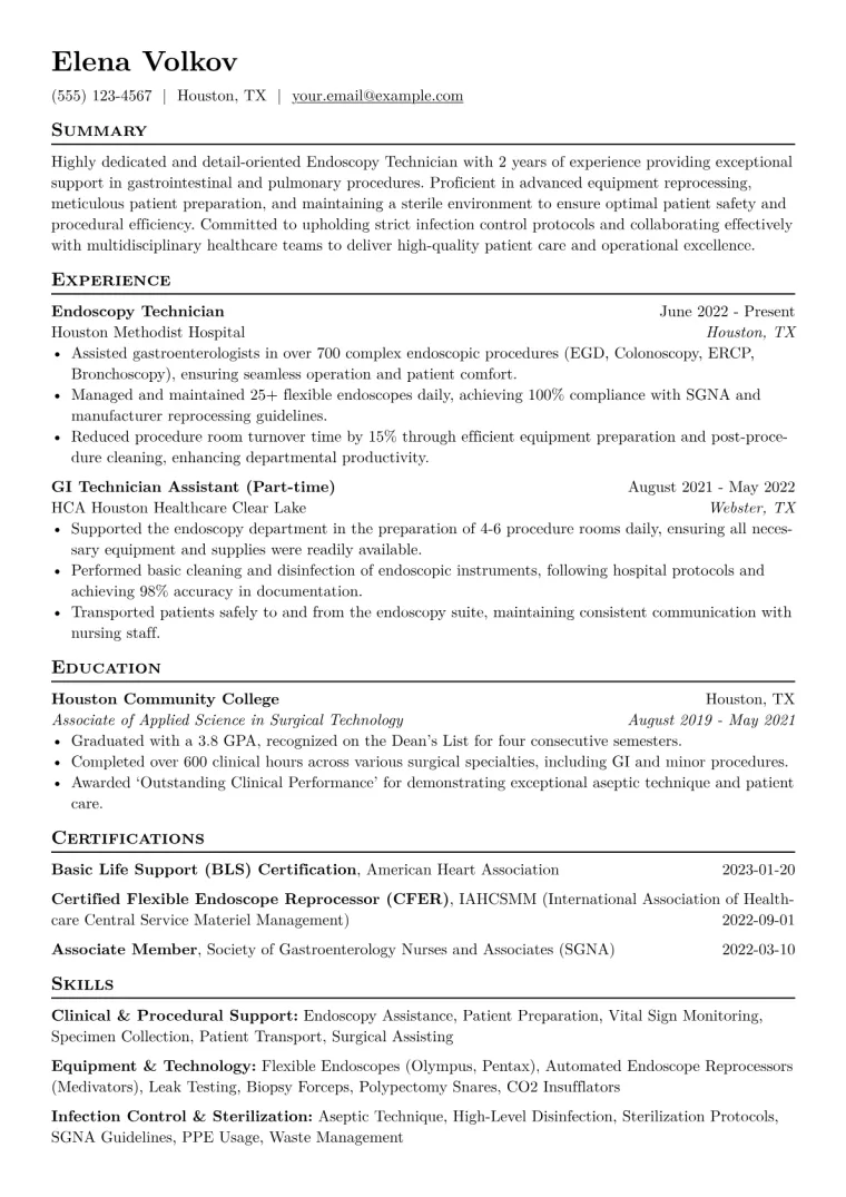 Endoscopy Technician Resume Example CV template preview