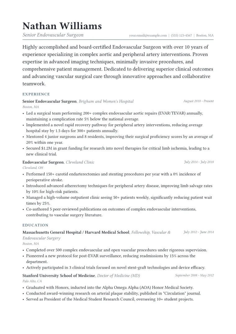 Endovascular Surgeon Resume Example CV template preview