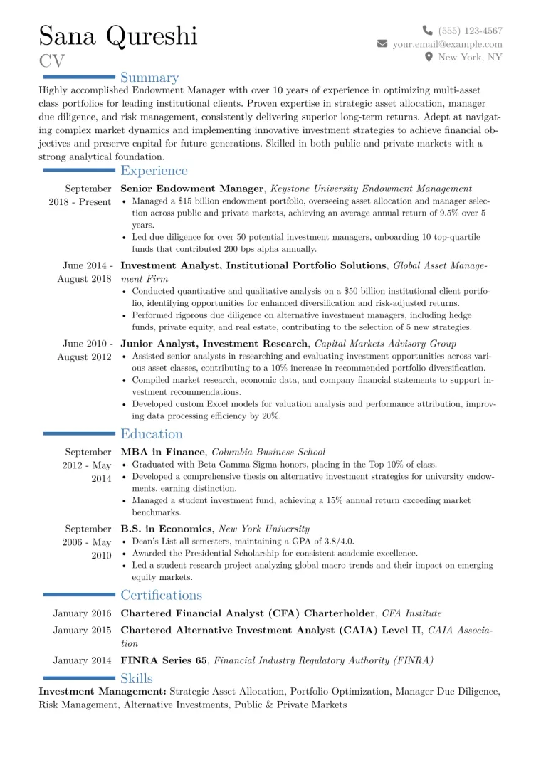 Endowment Manager Resume Example CV template preview