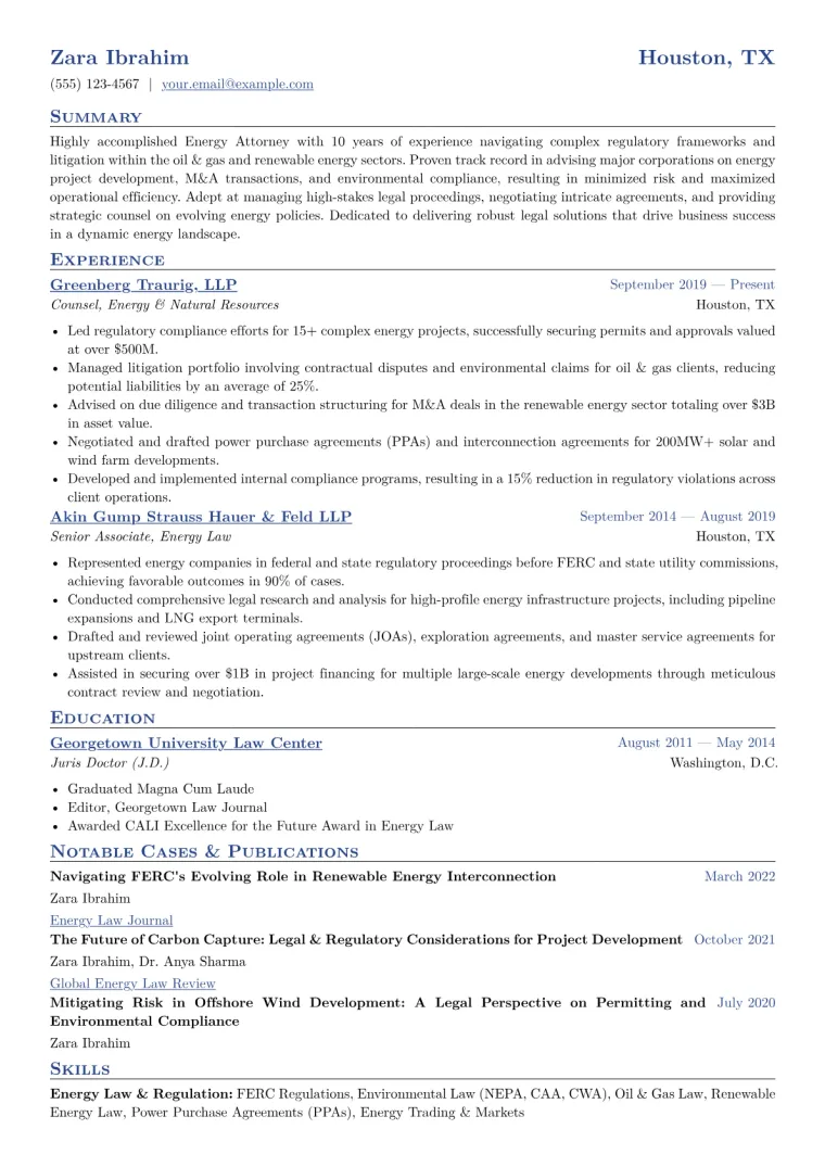 Energy Attorney Resume Example CV template preview