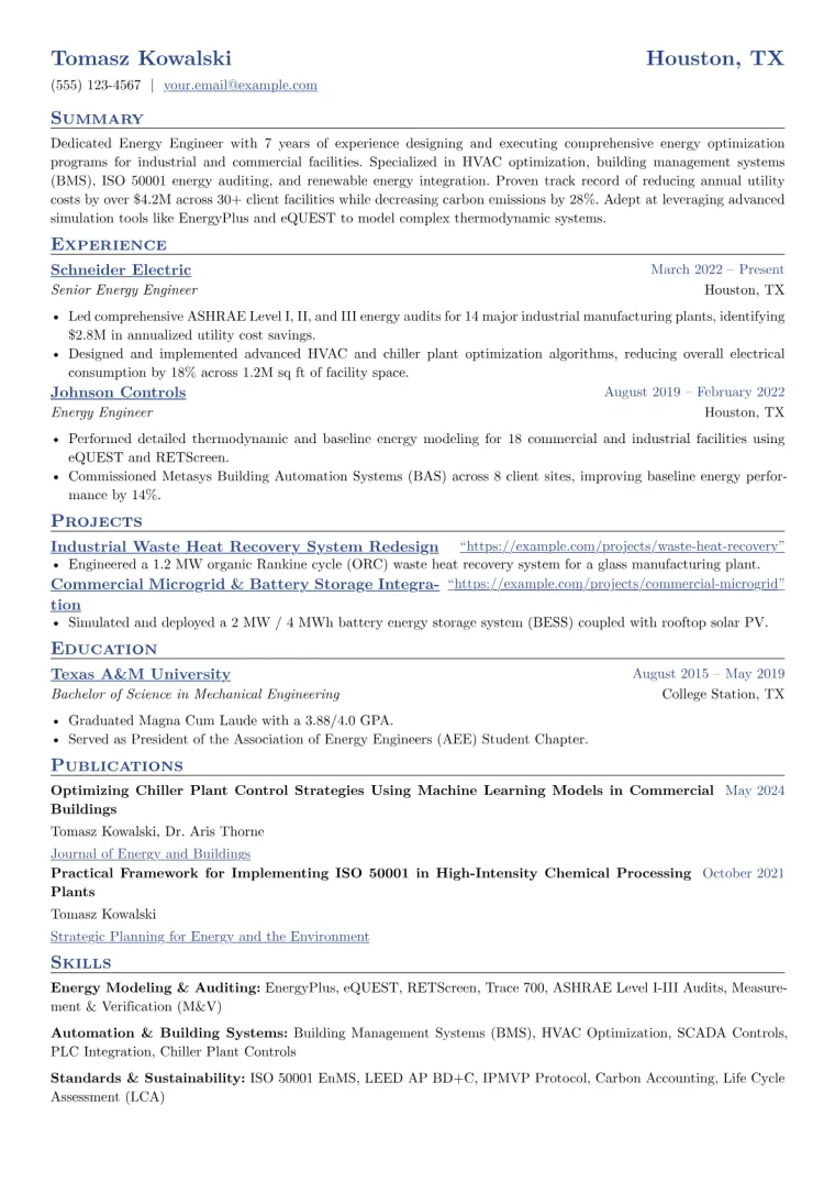 Energy Engineer Resume Example CV template preview