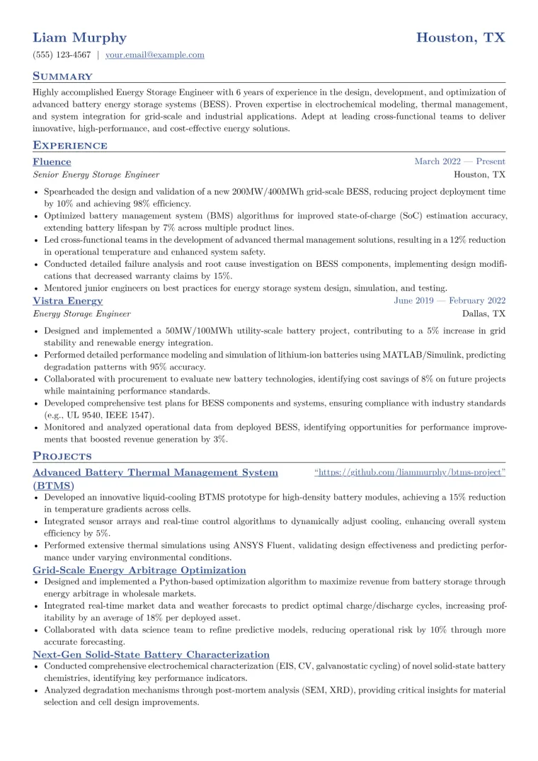 Energy Storage Engineer Resume Example CV template preview