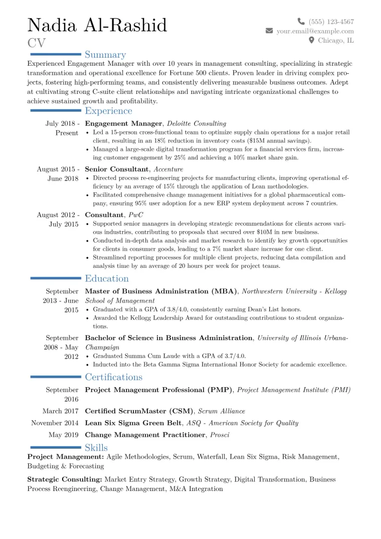 Engagement Manager Resume Example CV template preview