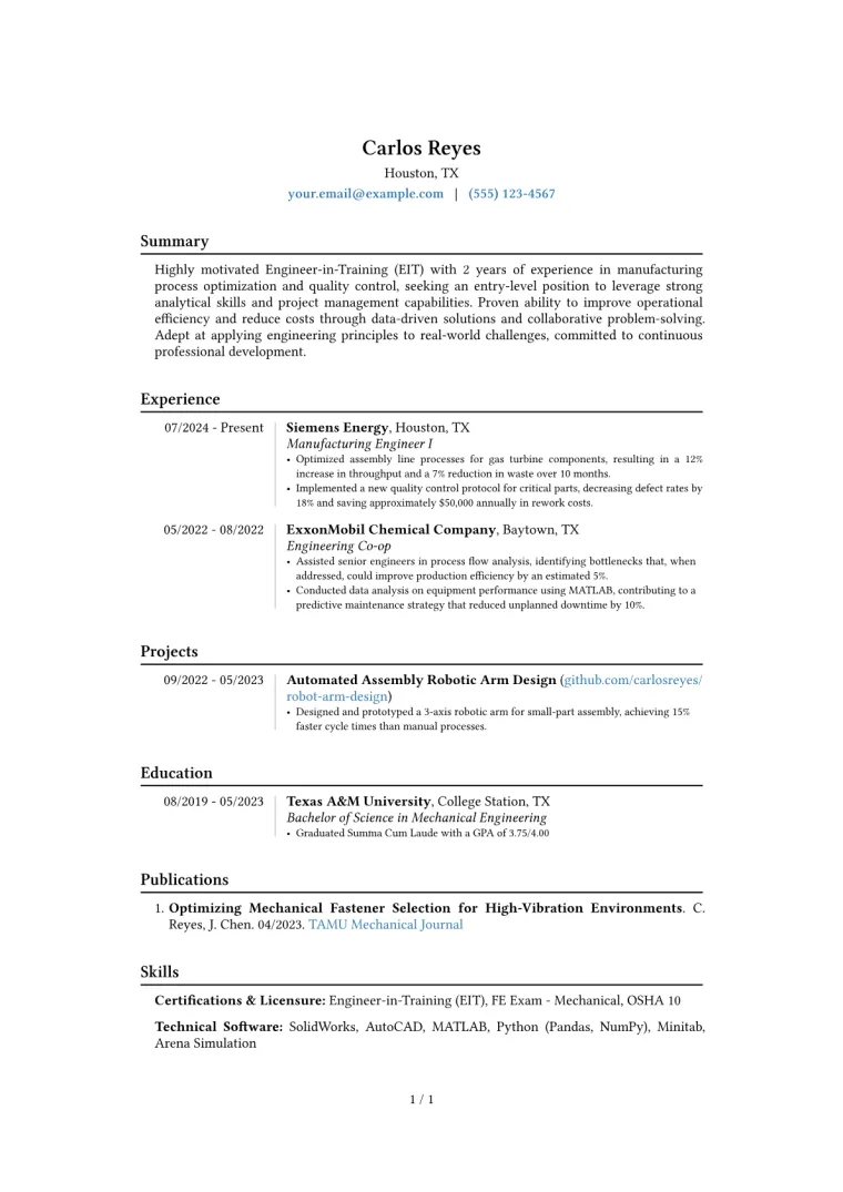 Engineer In Training Resume Example CV template preview