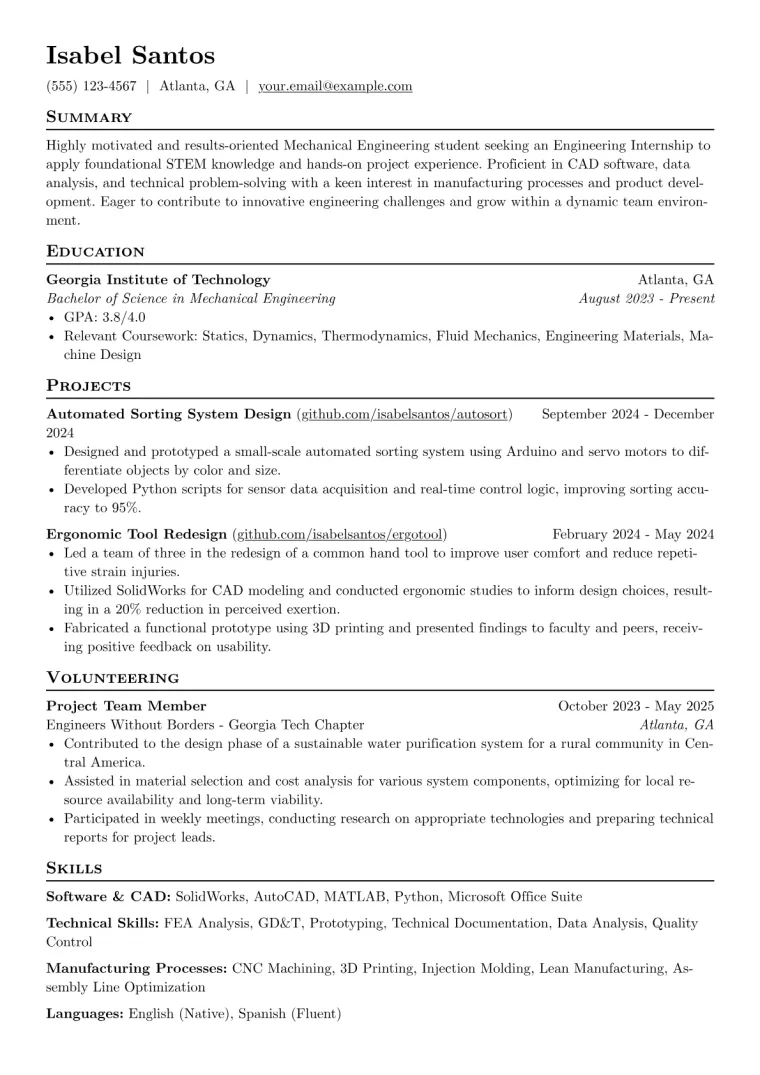 Engineering Internship Resume Example CV template preview