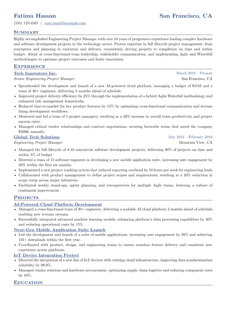 Engineering Project Manager Resume Example CV template preview