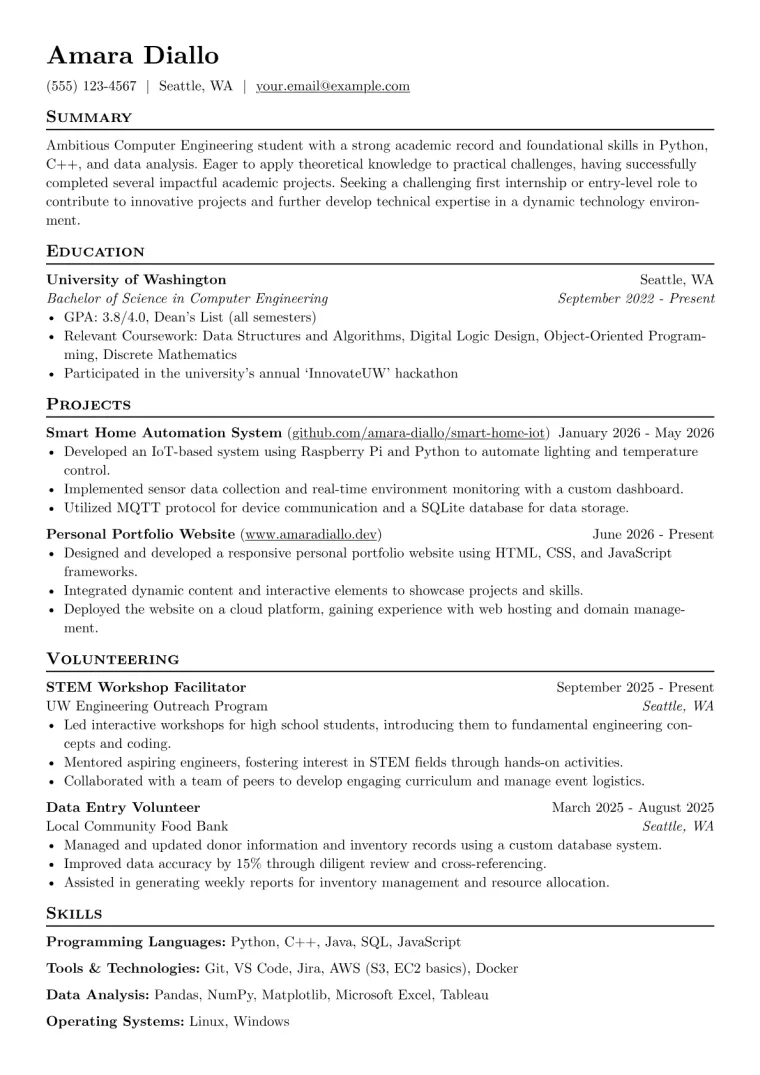 Engineering Student with No Experience Resume Example CV template preview