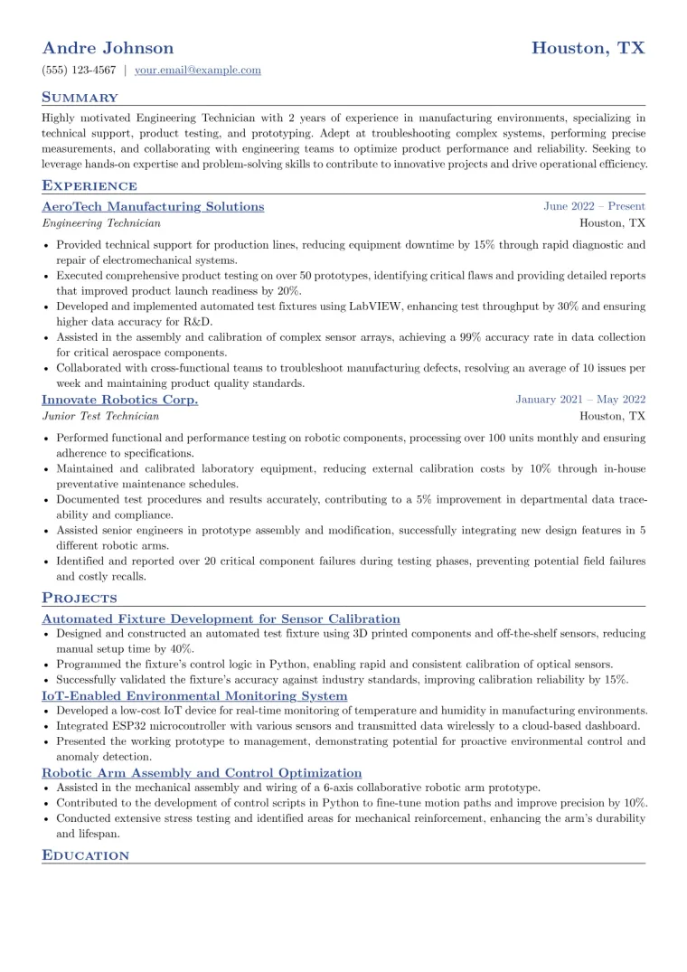 Engineering Technician Resume Example CV template preview