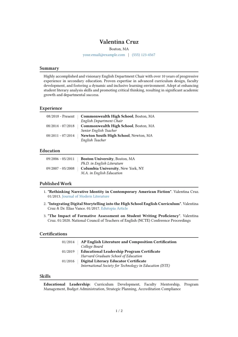 English Department Chair Resume Example CV template preview