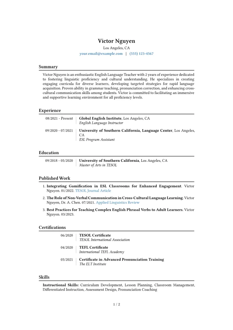 English Language Teacher Resume Example CV template preview