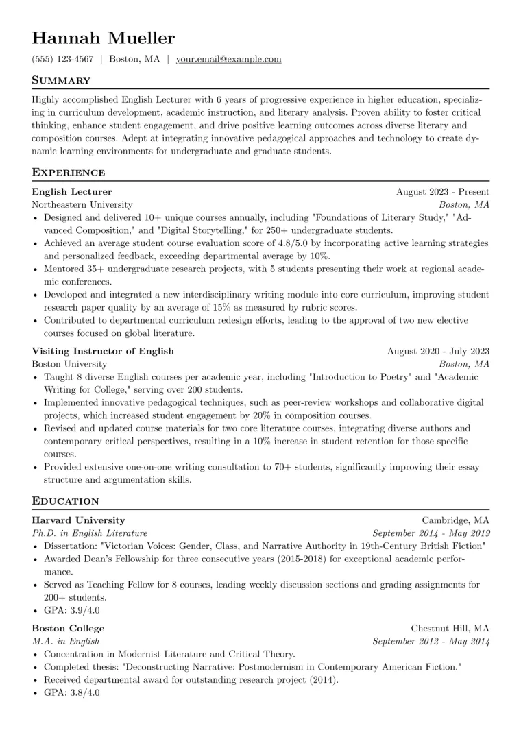 English Lecturer Resume Example CV template preview