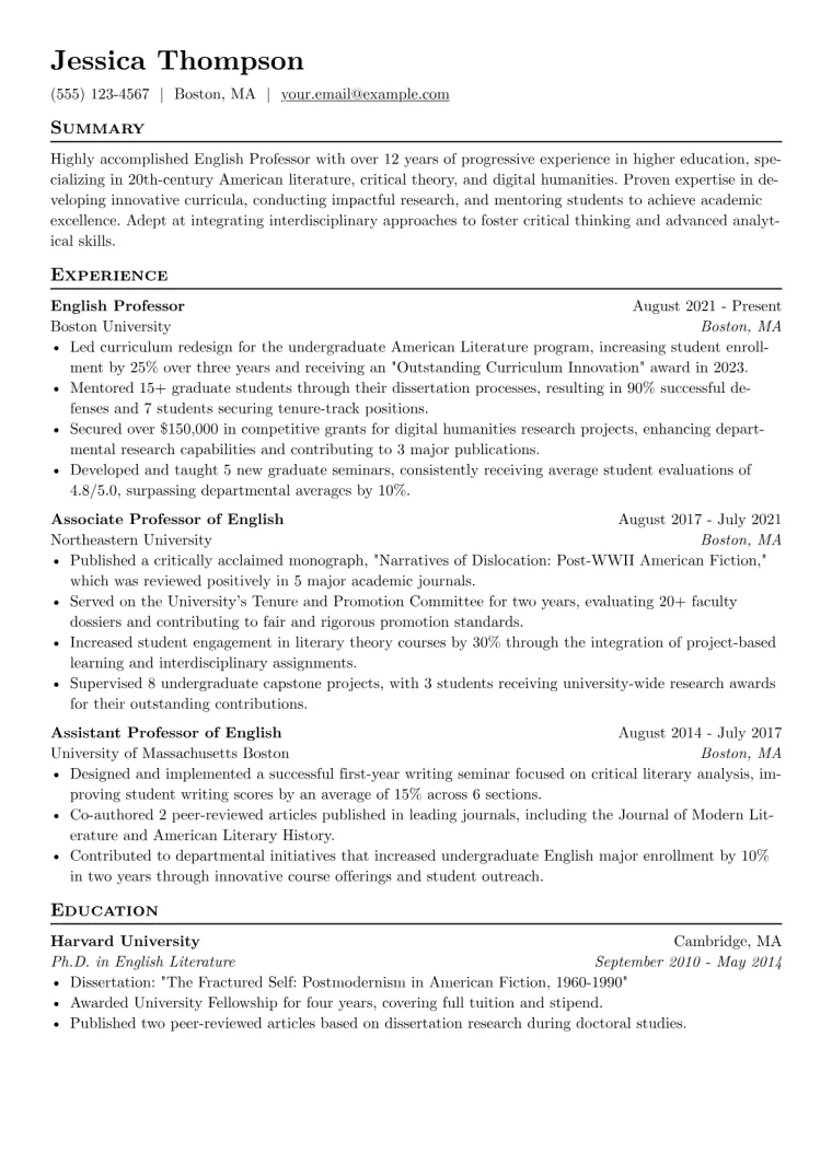 English Professor Resume Example CV template preview