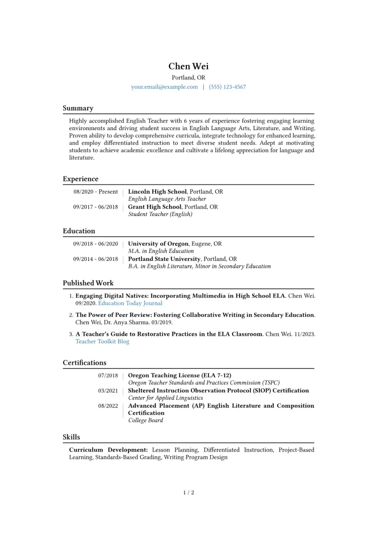 English Teacher Resume Example CV template preview