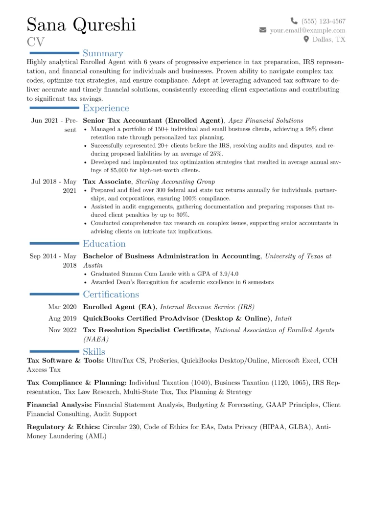 Enrolled Agent Resume Example CV template preview