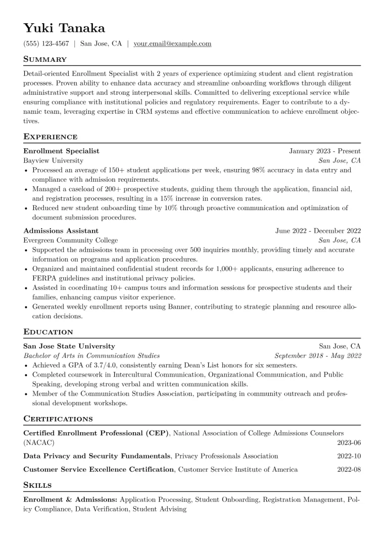 Enrollment Specialist Resume Example CV template preview