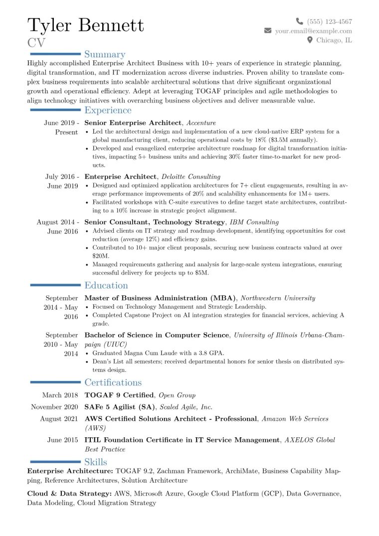 Enterprise Architect Business Resume Example CV template preview