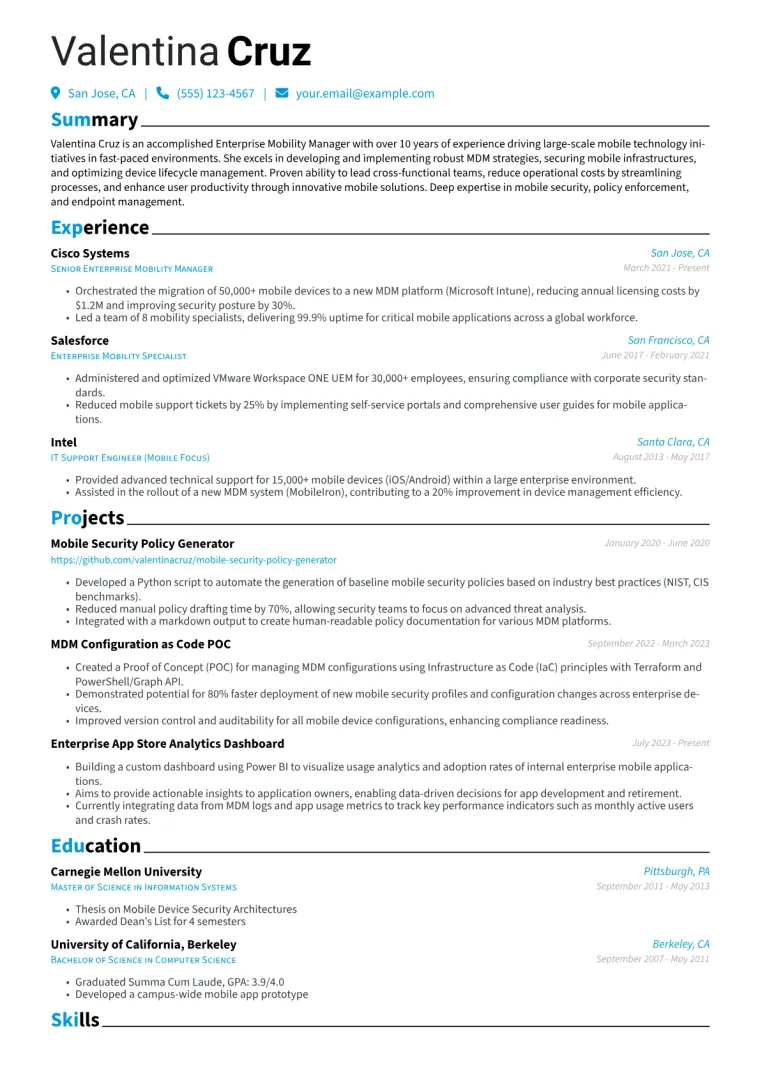 Enterprise Mobility Manager Resume Example CV template preview