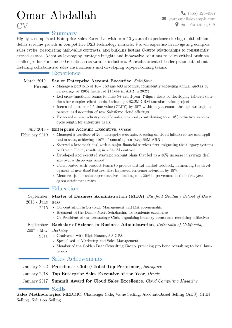 Enterprise Sales Executive Resume Example CV template preview