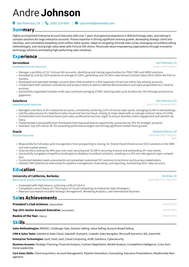 Enterprise Sales Resume Example CV template preview