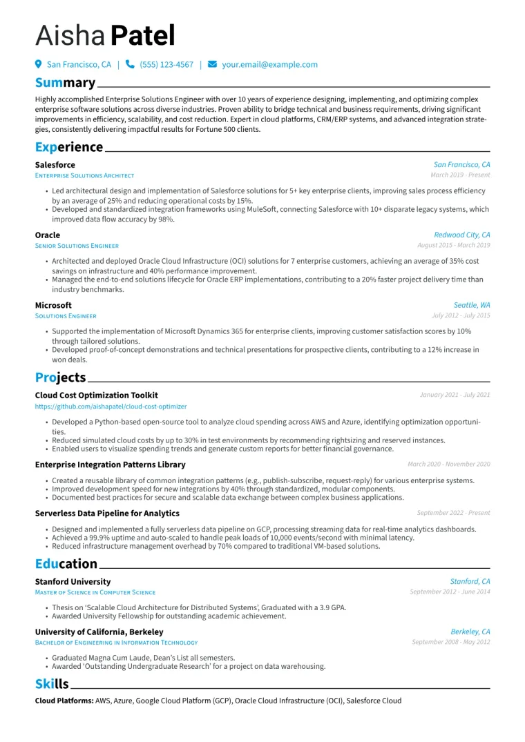 Enterprise Solutions Engineer Resume Example CV template preview