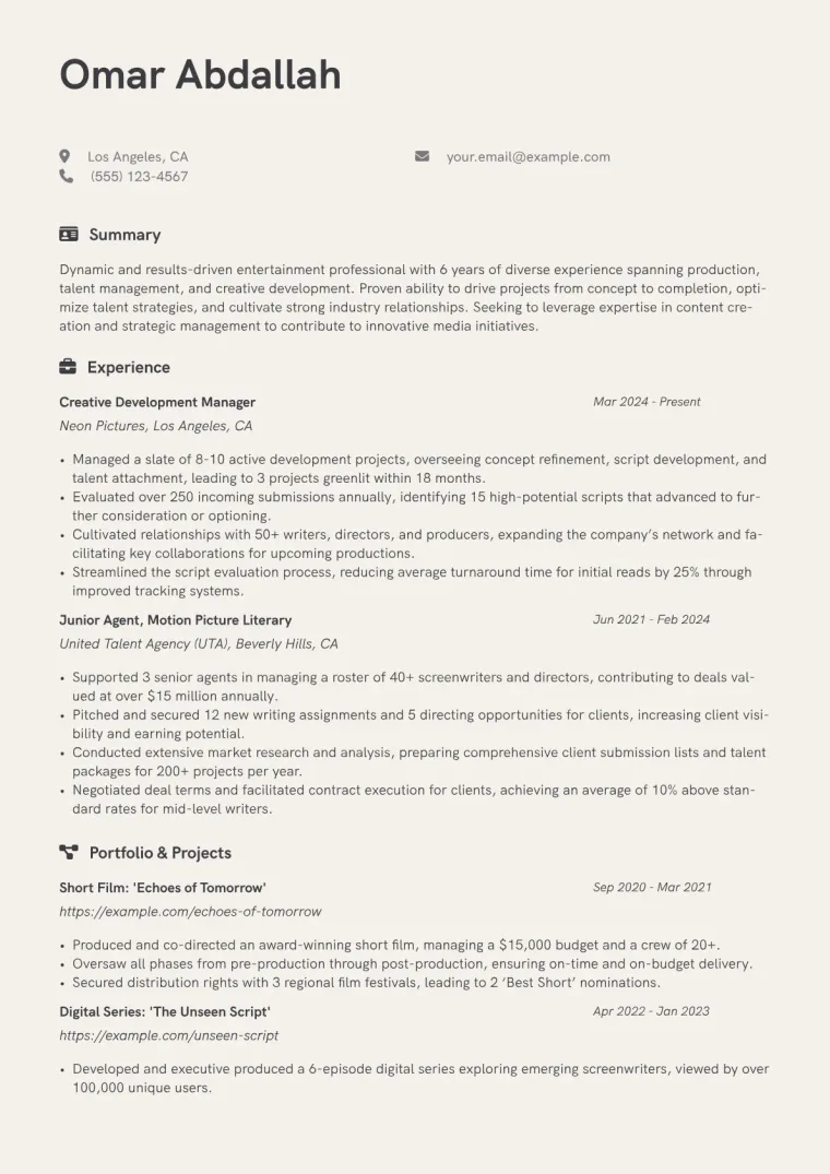 Entertainment Industry Resume Example CV template preview