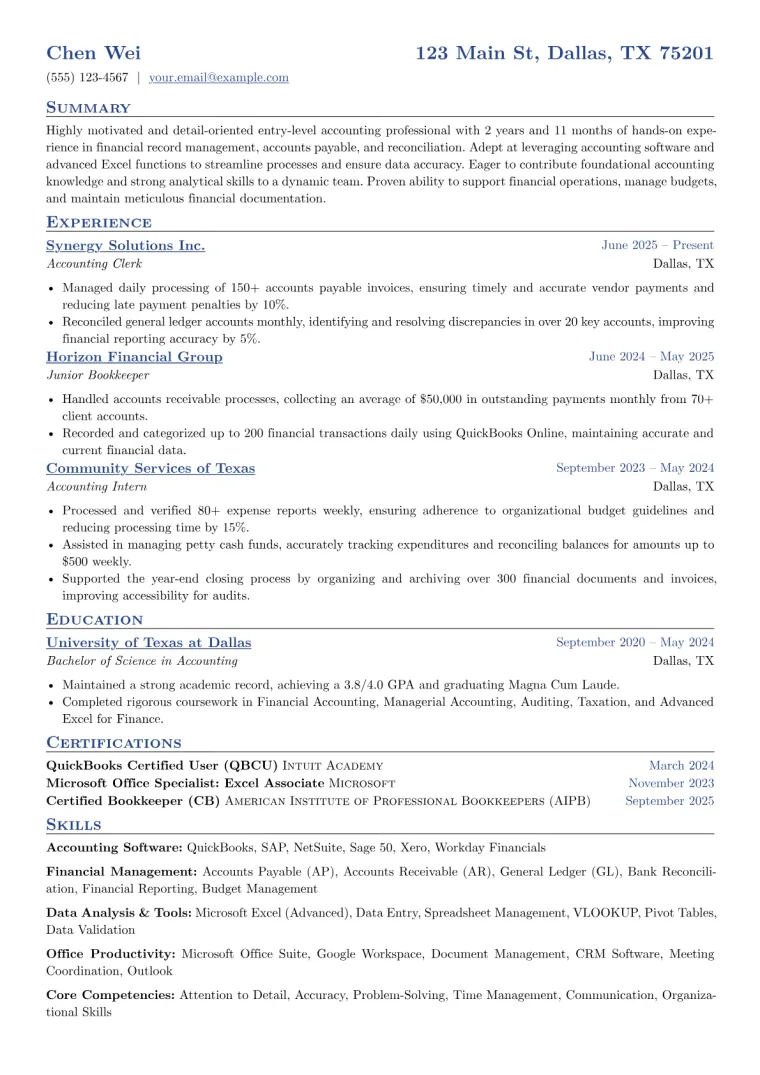 Entry-Level Accounting Clerk Resume Example preview