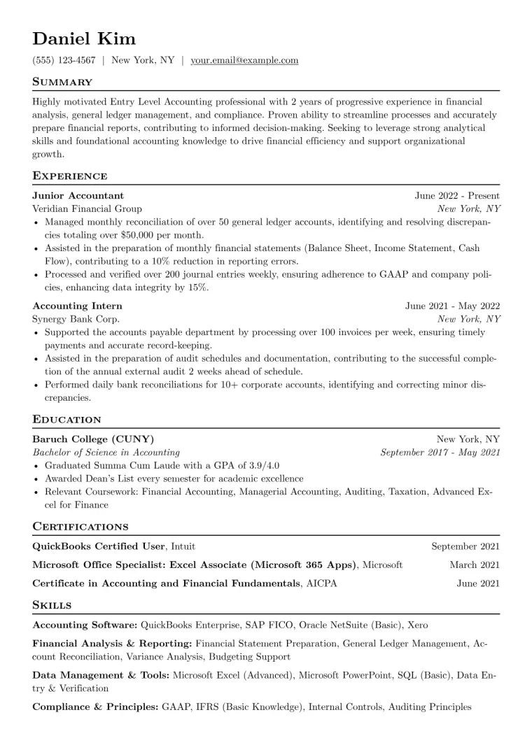 Entry Level Accounting Resume Example CV template preview