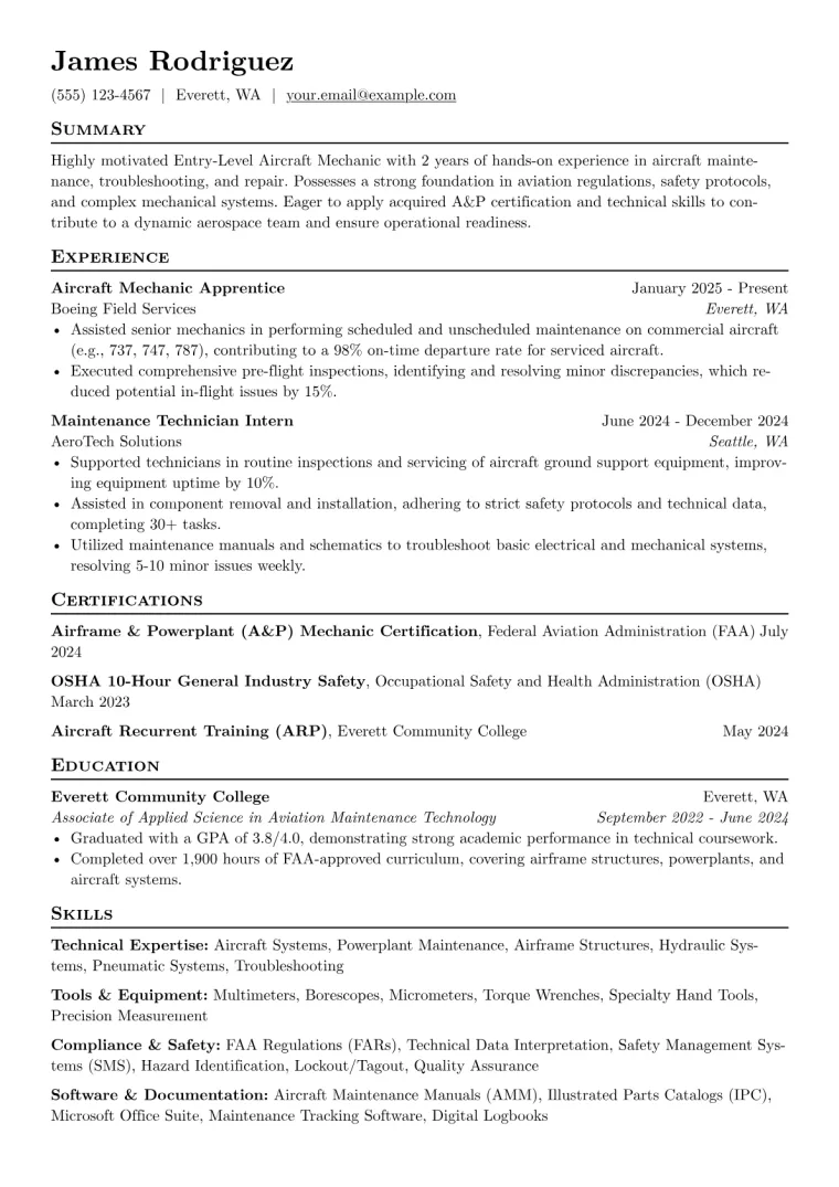 Entry-Level Aircraft Mechanic Resume Example CV template preview